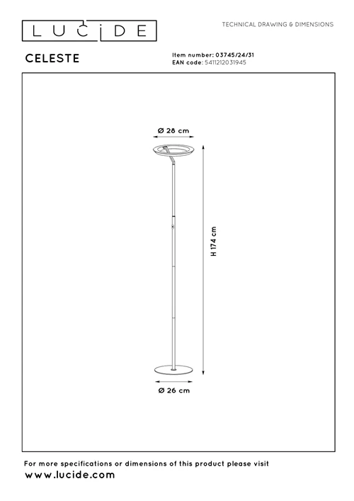 Lucide CELESTE - Lampadaire - Ø 28 cm - LED Dim. - 1x21W 2700K - Blanc - technique